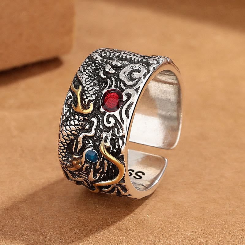 Vintage Dragon Copper Plated Silver Balance Ring – three-quarter view silver dragon scales red blue stones, Statement