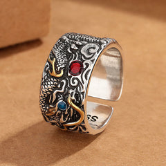 Vintage Dragon Copper Plated Silver Balance Ring – three-quarter view silver dragon scales red blue stones, Statement