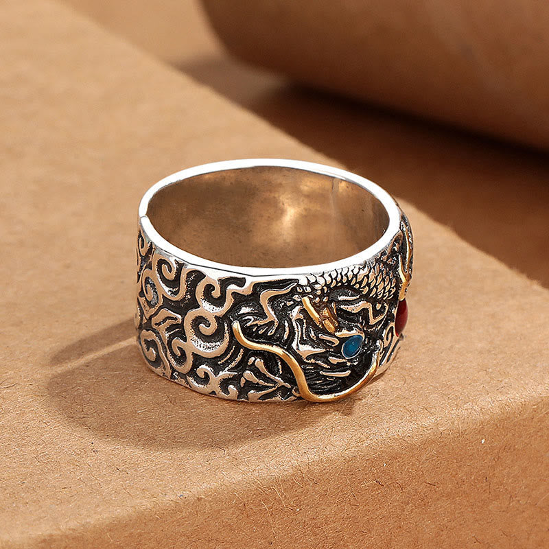 Vintage Dragon Copper Plated Silver Balance Ring – elevated angle dragon head blue eye red stone cloud scroll, Bold