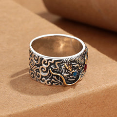 Vintage Dragon Copper Plated Silver Balance Ring – elevated angle dragon head blue eye red stone cloud scroll, Bold