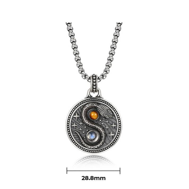 Snake Yin Yang Necklace - Antique silver yin-yang pendant necklace with amber and moonstone showing 28.8mm diameter, men's me