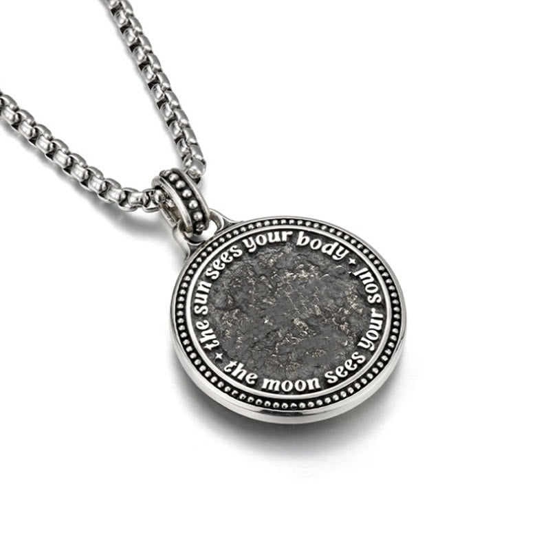 Snake Yin Yang Necklace - Antique silver coin pendant with sun and moon engraved quote and beaded border on box chain, quote 