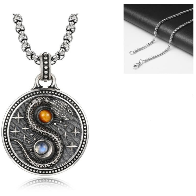 Snake Yin Yang Necklace - Yin-yang snake pendant with tiger's eye and labradorite stones, front and chain clasp detail view, 