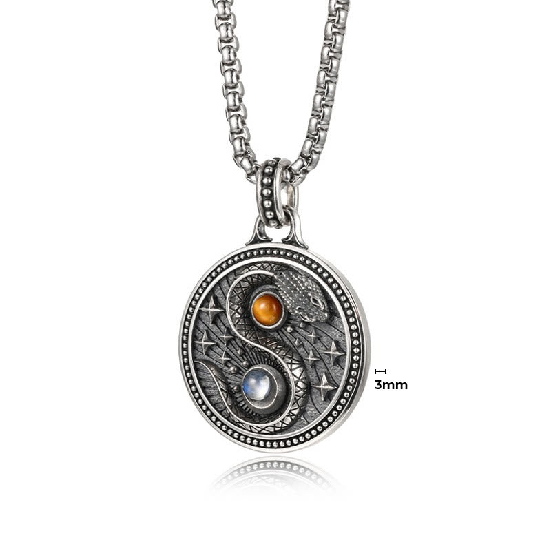 Snake Yin Yang Necklace - Antiqued silver yin-yang medallion with tiger's eye and moonstone showing 3mm thickness, silver nec