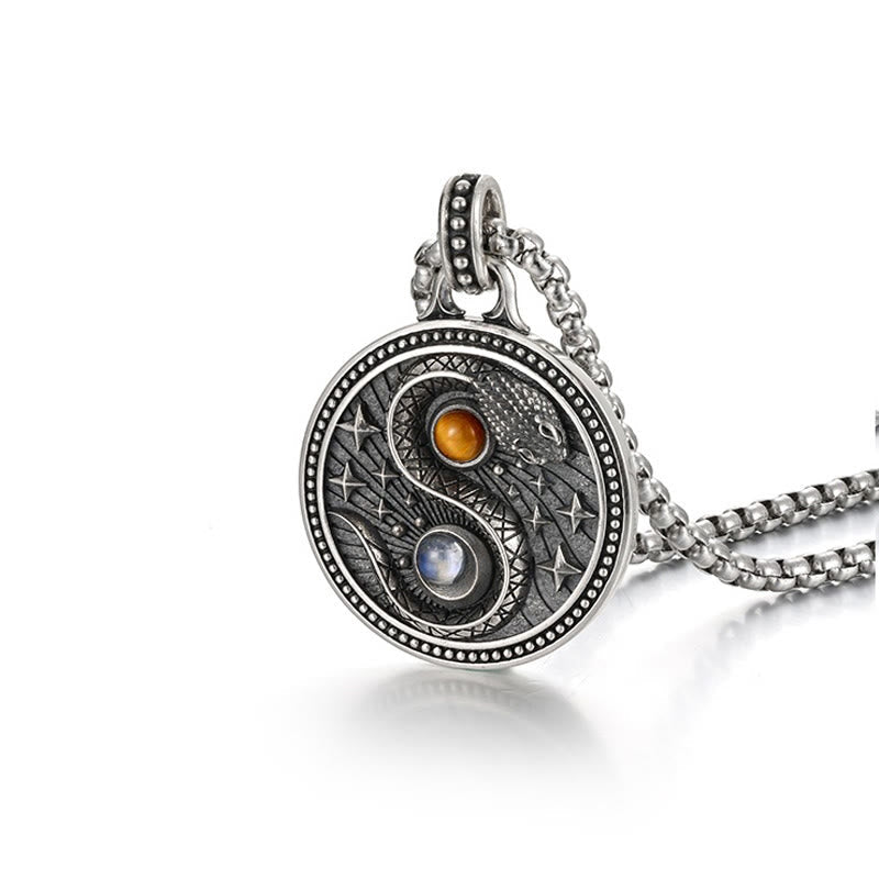 Snake Yin Yang Necklace - Oxidized silver yin-yang snake pendant with amber and blue cabochons and star motifs, men's pendant