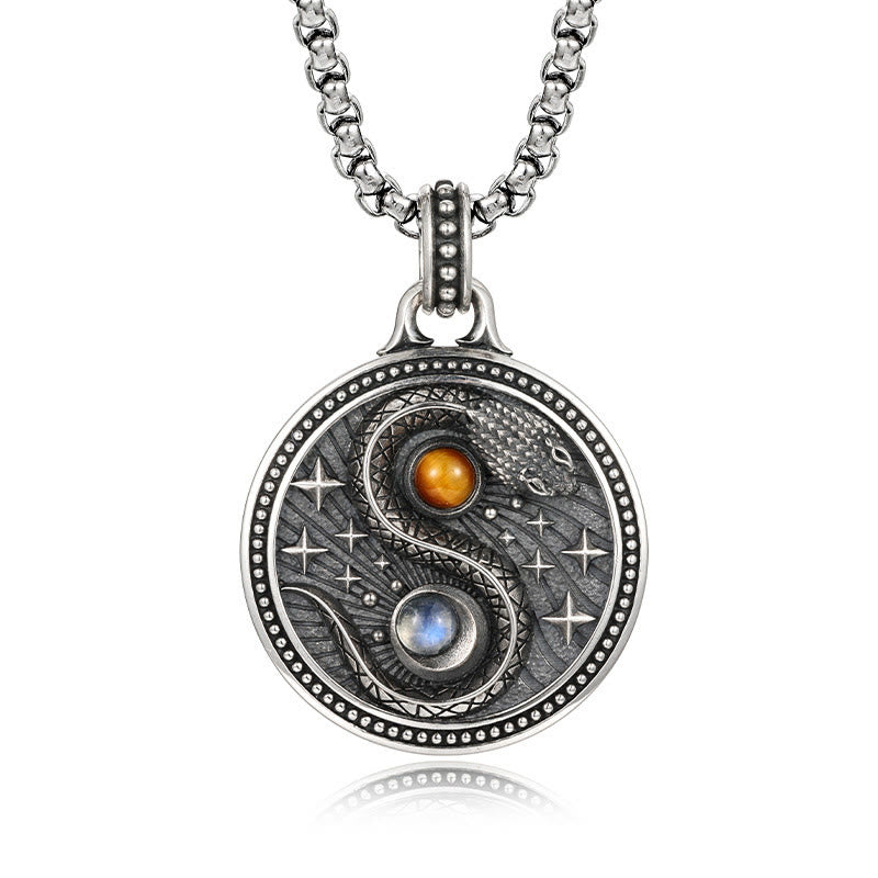 Snake Yin Yang Necklace - Antique silver yin-yang snake pendant with amber and moonstone on box chain, yin-yang necklace Main image