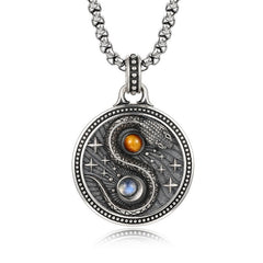 Snake Yin Yang Necklace - Antique silver yin-yang snake pendant with amber and moonstone on box chain, yin-yang necklace
