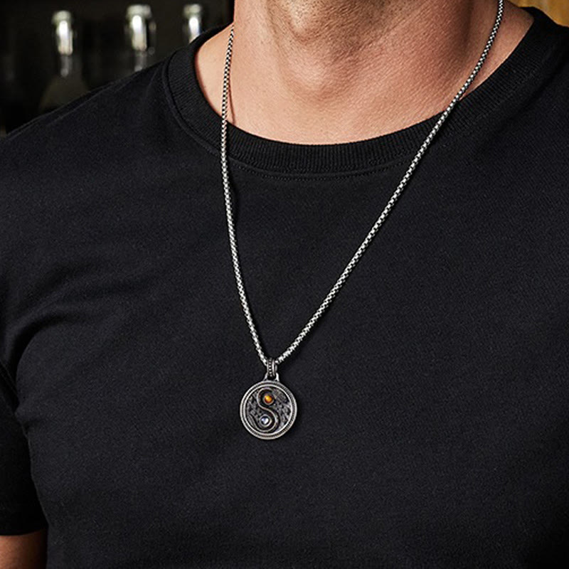 Snake Yin Yang Necklace - Vintage silver yin-yang medallion with amber and black accents on box chain worn by model, spiritua