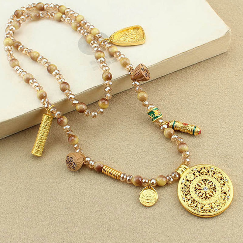 Tiger Eye Beads Necklace – lotus pod and Buddha charms on beads, spiritual necklace