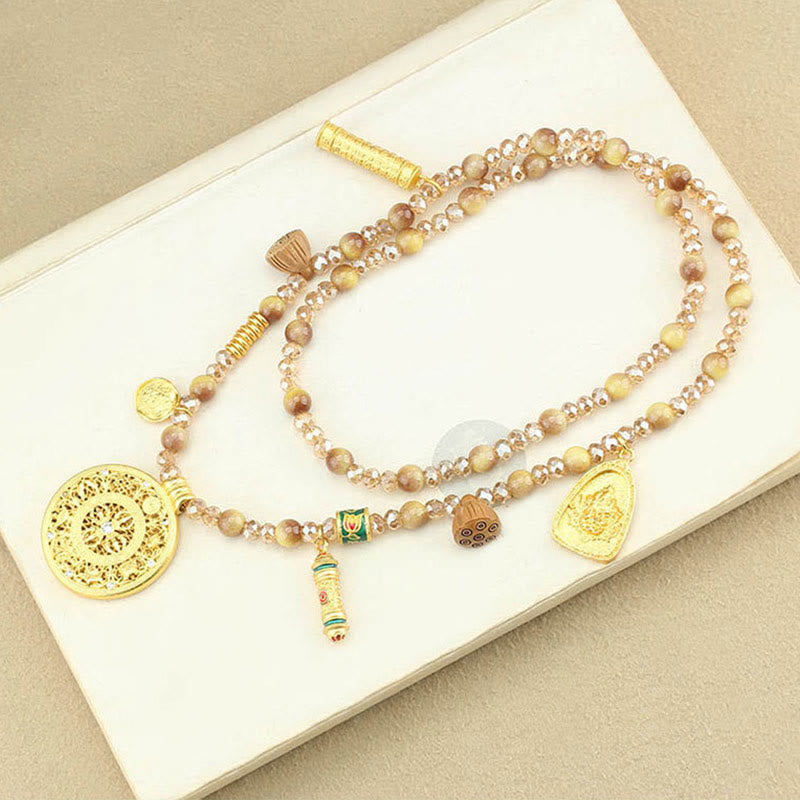 Tiger Eye Necklace – double strand with mandala and prayer wheel, tiger eye