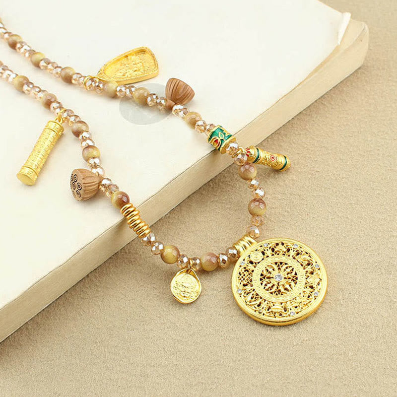 Golden Tiger Eye Beads Necklace – filigree medallion with cloisonne charms, tiger eye