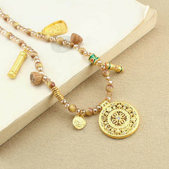 Golden Tiger Eye Beads Necklace – filigree medallion with cloisonne charms, tiger eye