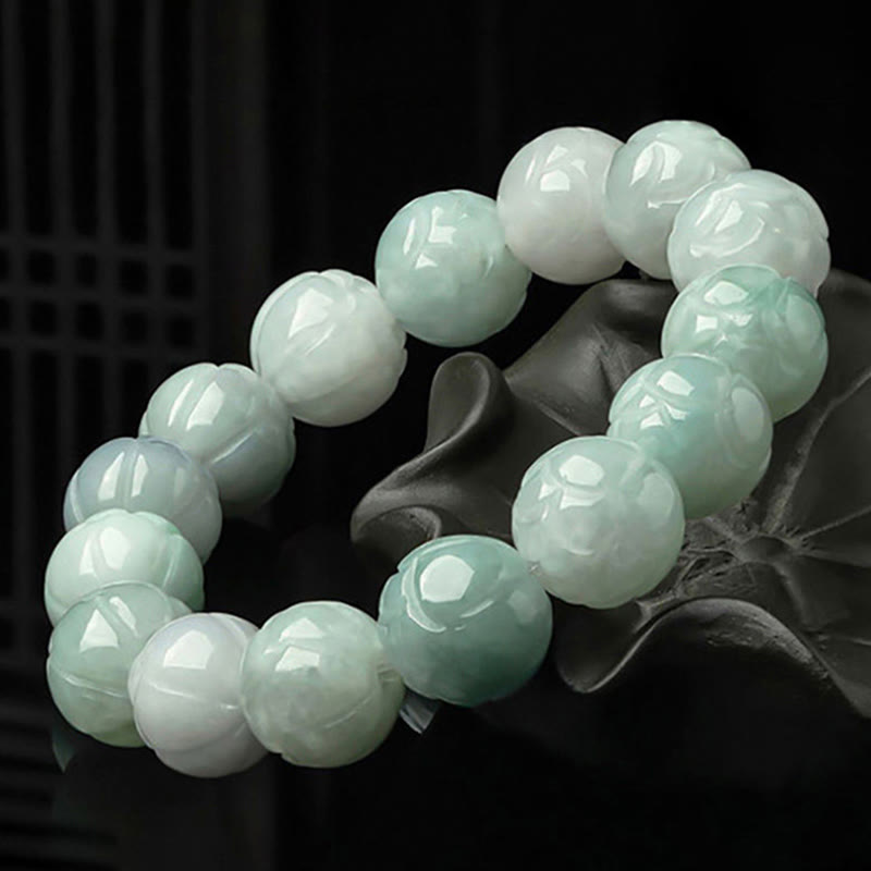 Lotus Carving Jade Bracelet – variegated green beads on lotus display, jade prosperity