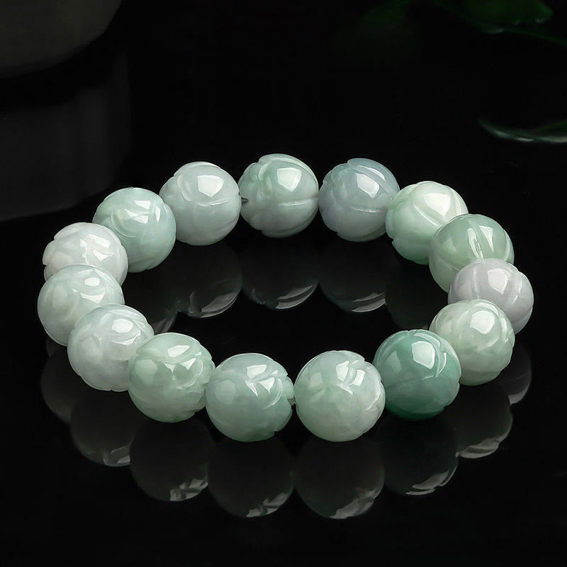 Natural Jade Lotus Carving Bracelet – carved green bead bracelet on black, jade bracelet