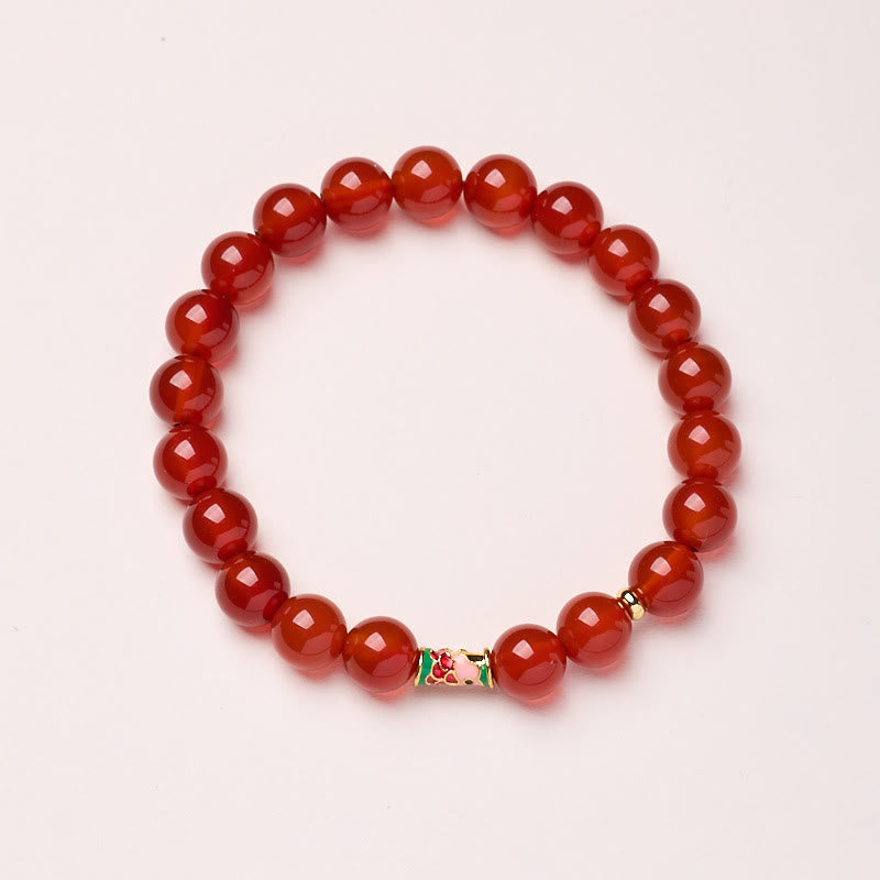 Natural Red Agate Koi Fish Bracelet – red agate with cloisonne koi bead, top-down, white bg