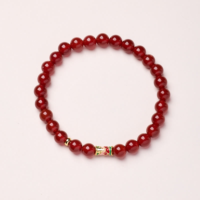 Natural Red Agate Koi Fish Bracelet – red agate beads with gold koi charm, top-down, confidence
