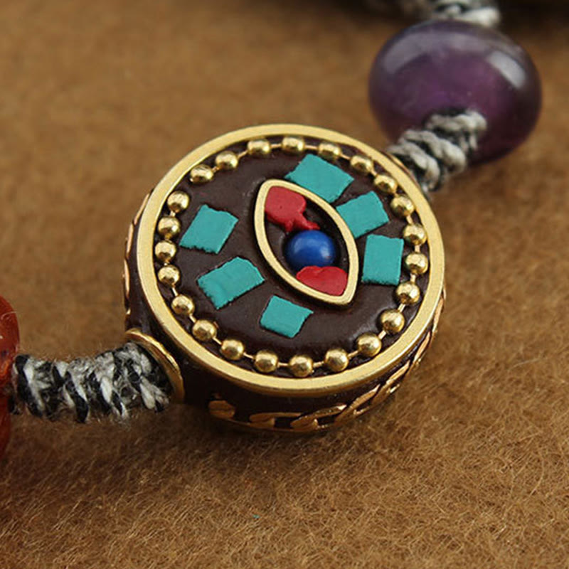Tibetan Zakiram Turquoise Lotus Rope Bracelet – evil eye inlay bead with turquoise squares and braided cord, Safety