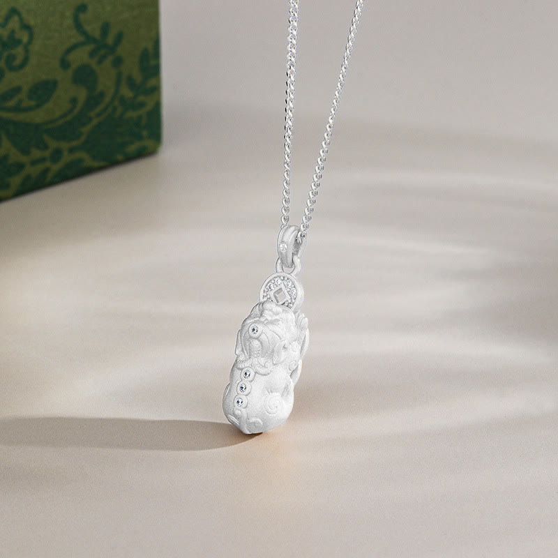 Sterling Silver Pixiu Vajra Necklace – silver Pixiu pendant close-up alone, detailed craftsmanship