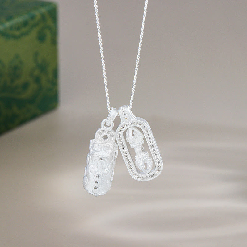 Sterling Silver Pixiu Vajra Necklace – silver dual pendants on chain, sterling silver wealth necklace