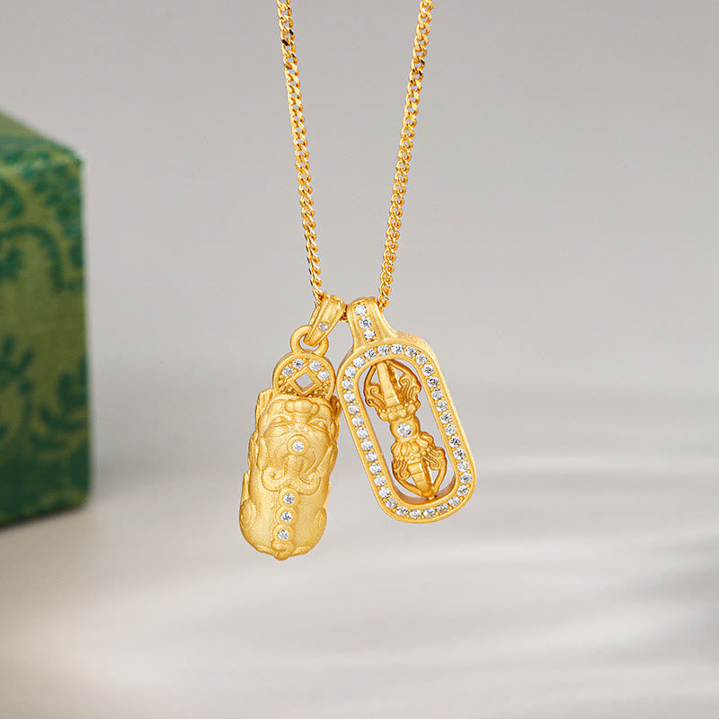 Sterling Silver Pixiu Vajra Necklace – gold dual pendants with green box, feng shui wealth necklace