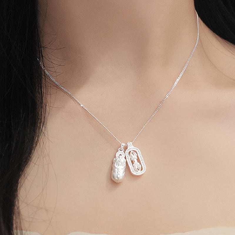 Sterling Silver Pixiu Vajra Necklace – silver necklace on model neckline, everyday protection jewelry