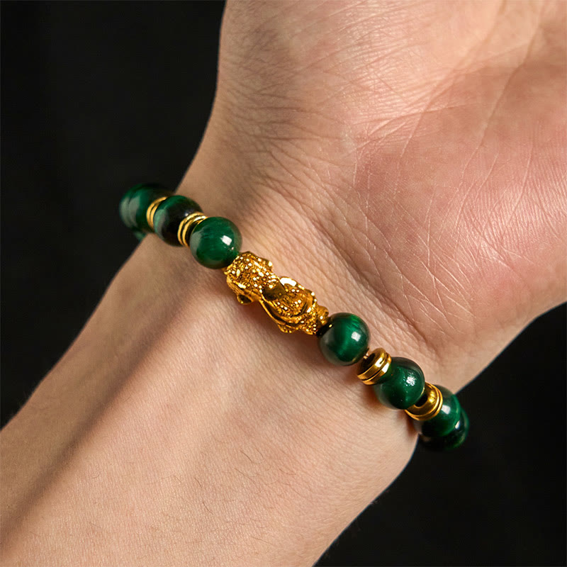 Multi-Color Tiger Eye PiXiu bracelet – green tiger eye worn on male wrist, gold PiXiu charm feng shui