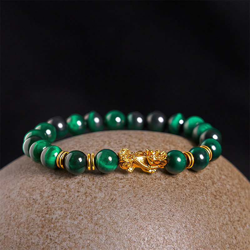 Multi-Color Tiger Eye PiXiu bracelet – green tiger eye bracelet on beige stone, good luck wealth jewelry