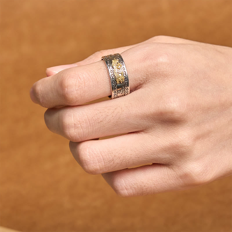 Dragon Heart Sutra Copper Strength Ring – hand shot ornate band warm bokeh, Lifestyle