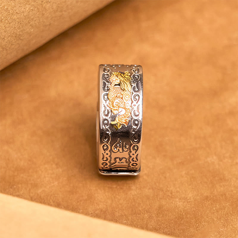 Dragon Heart Sutra Copper Strength Ring – golden lion relief scrollwork borders kraft, Regal