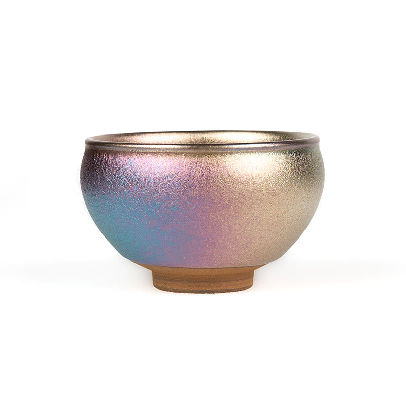 Golden Lotus Ceramic Tea Cup – side view showing blue-purple-gold iridescent glaze, white background, Jianzhan