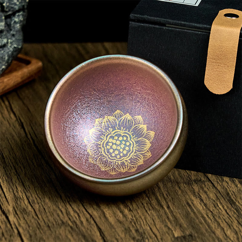 Golden Lotus Ceramic Tea Cup – purple crackle glaze with gold lotus, gift box included, Jianzhan teaware