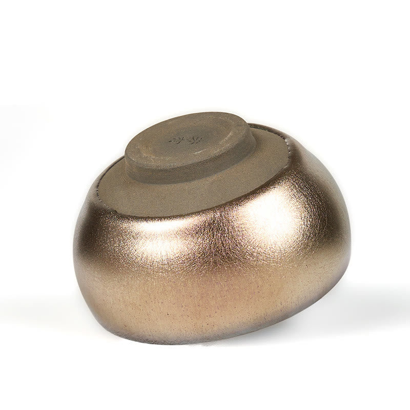 Jianzhan Koi Fish Lotus Teacup – bottom view showing foot ring, metallic bronze-gold, unglazed clay base, white background