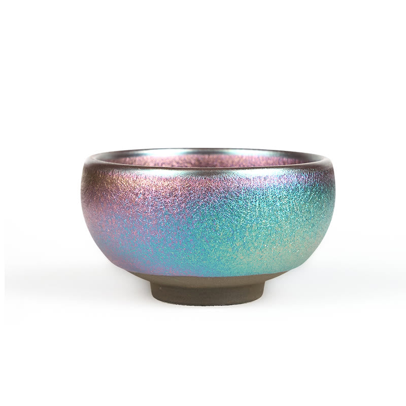 Jianzhan Koi Fish Lotus Teacup – bottom foot ring detail, unglazed clay base with maker mark, metallic gold glaze, white bg