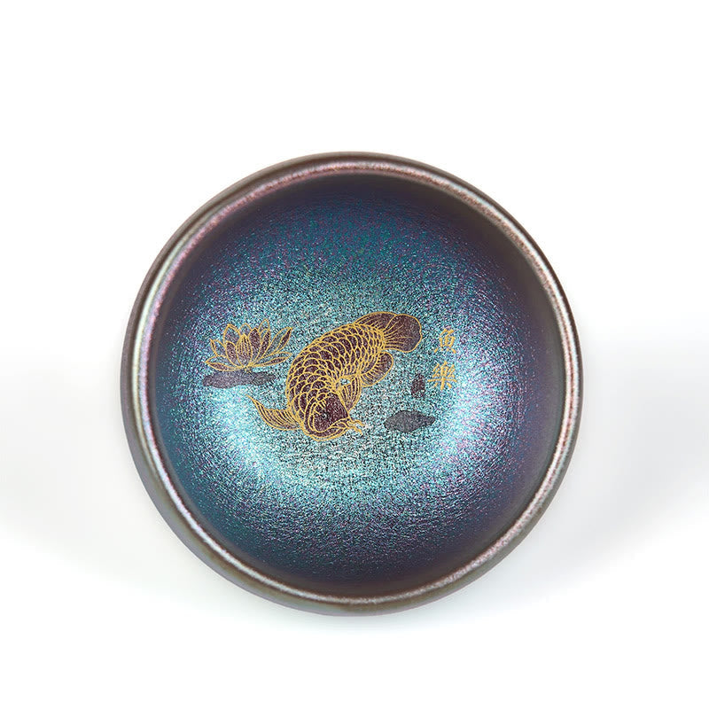 Jianzhan Koi Fish Lotus Teacup – close-up rim detail, bronze metallic glaze texture, traditional Jianzhan craftsmanship