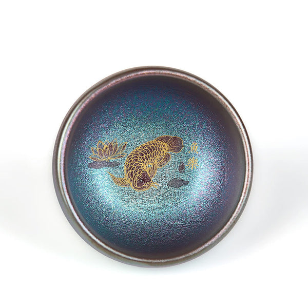 Jianzhan Koi Fish Lotus Teacup – close-up rim detail, bronze metallic glaze texture, traditional Jianzhan craftsmanship