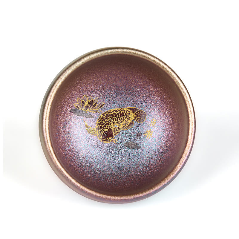 Jianzhan Koi Fish Lotus Teacup – cup on tea tray with accessories, iridescent glaze, kung fu tea ceremony setting