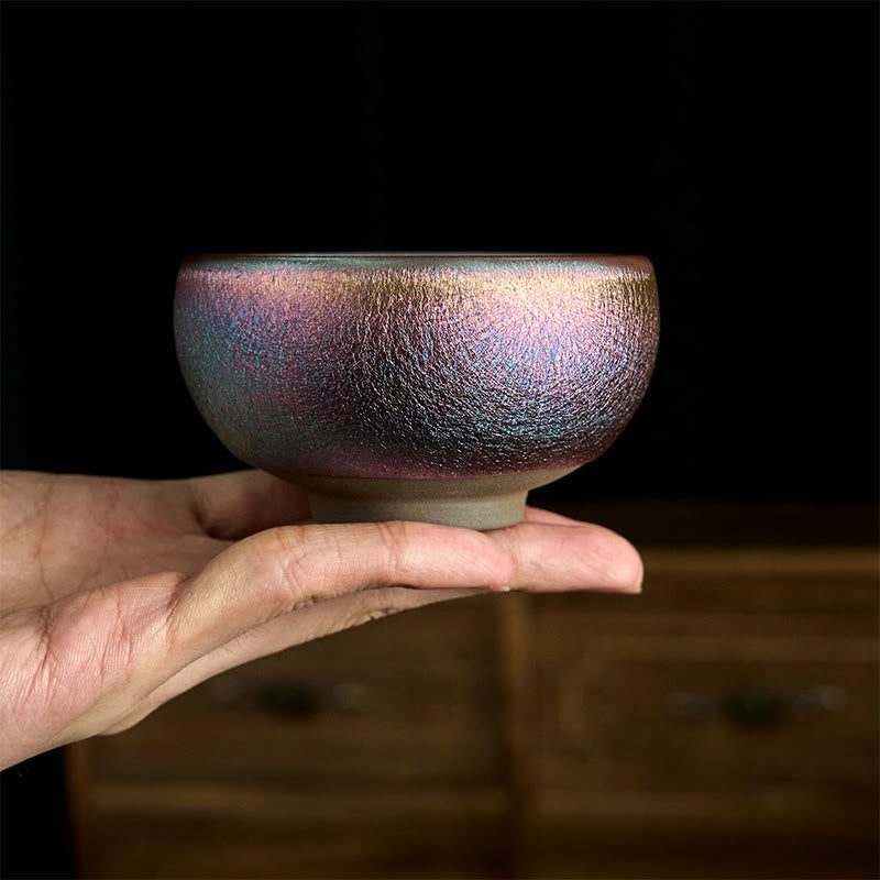 Jianzhan Koi Fish Lotus Teacup – side profile on white, bronze-gold gradient glaze, rounded traditional bowl form