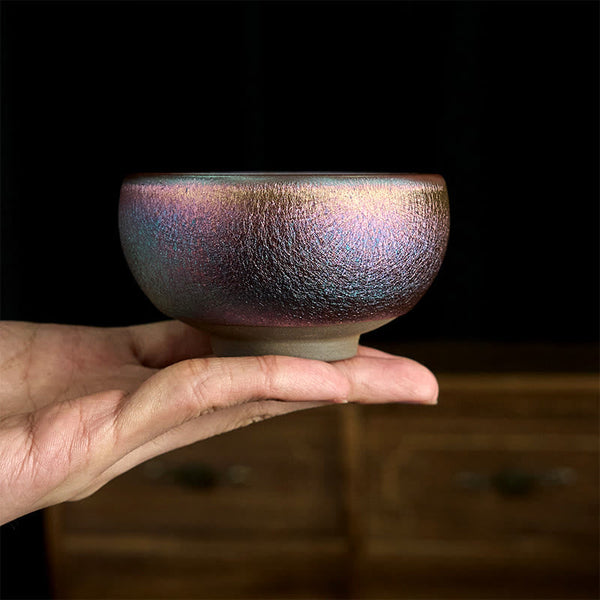 Jianzhan Koi Fish Lotus Teacup – side profile on white, bronze-gold gradient glaze, rounded traditional bowl form
