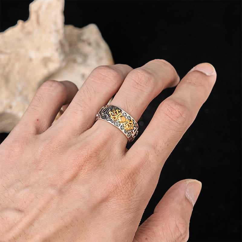 Vajra Om Mani Padme Hum Ring – Worn on finger showing gold vajra design and silver band, spiritual jewelry