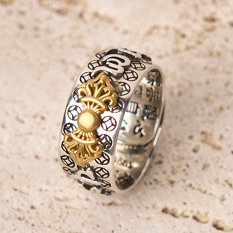 Vajra Om Mani Padme Hum Ring – Gold dorje with Tibetan mantra and wheel engravings on silver, Buddhist ring