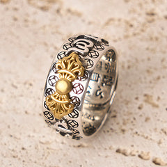 Vajra Om Mani Padme Hum Ring – Gold dorje with Tibetan mantra and wheel engravings on silver, Buddhist ring