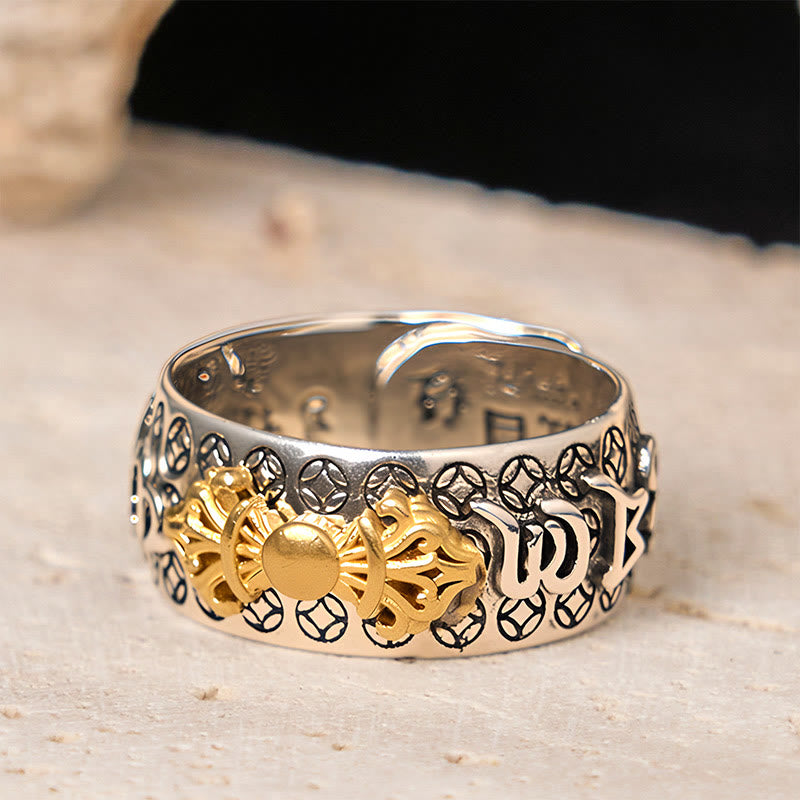 Vajra Om Mani Padme Hum Ring – Gold mandala center with Gothic lettering on oxidized band, spiritual ring