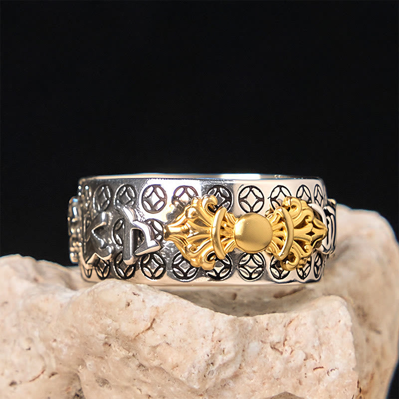 Vajra Om Mani Padme Hum Ring – Side view of gold vajra and mantra script on textured silver, men ring