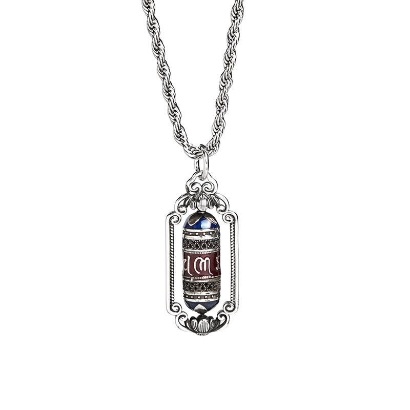 Om Mani Padme Hum Prayer Wheel Pendant – Rustic wood and dried flower setting highlighting vintage prayer wheel craftsmans...