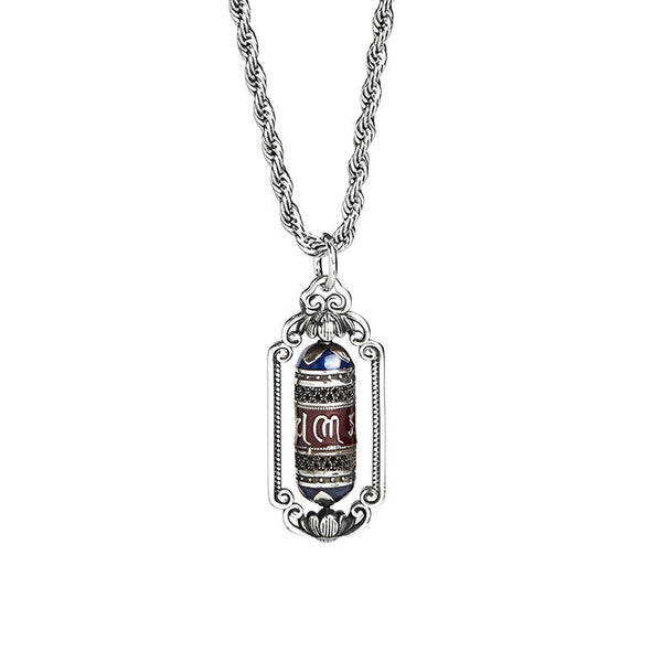 Om Mani Padme Hum Prayer Wheel Pendant – Rustic wood and dried flower setting highlighting vintage prayer wheel craftsmans...