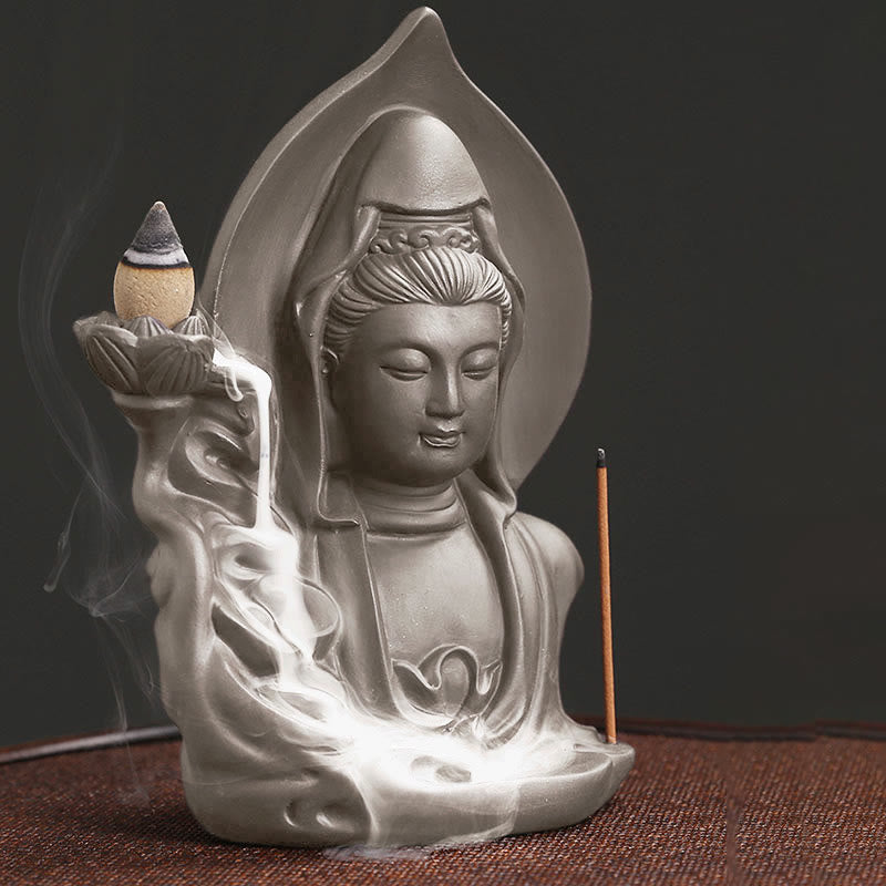 Thousand-Hand Kwan Yin Jade Necklace – model wearing over sweater, winter layering necklace