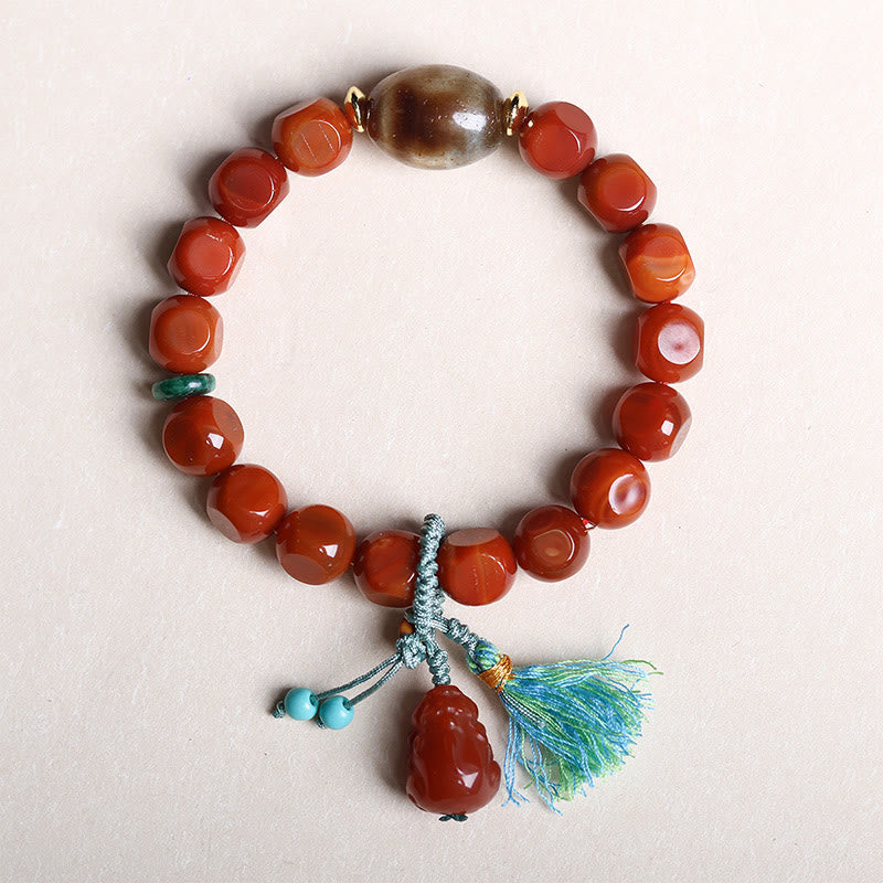 South Red Agate Dzi Bead PiXiu Bracelet – flat lay on white background top view, women wealth bracelet