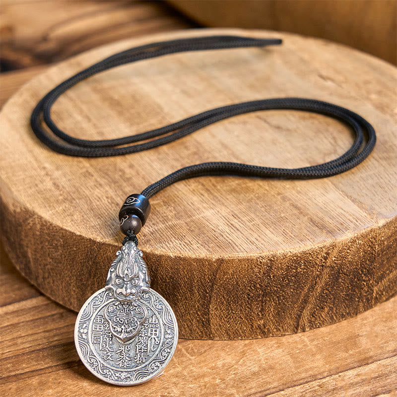 Mountain Ghost Bagua Copper Pixiu Necklace – full necklace on wood slice black cord, pixiu bagua protection charm