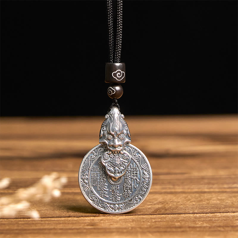 Mountain Ghost Bagua Copper Pixiu Necklace – wooden background dried flowers silver pendant, mountain ghost coin