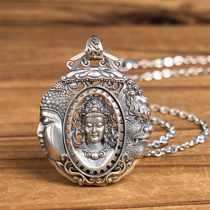 Copper Buddha Devil Pattern Necklace – front pendant on black cord, Buddhist spiritual jewelry